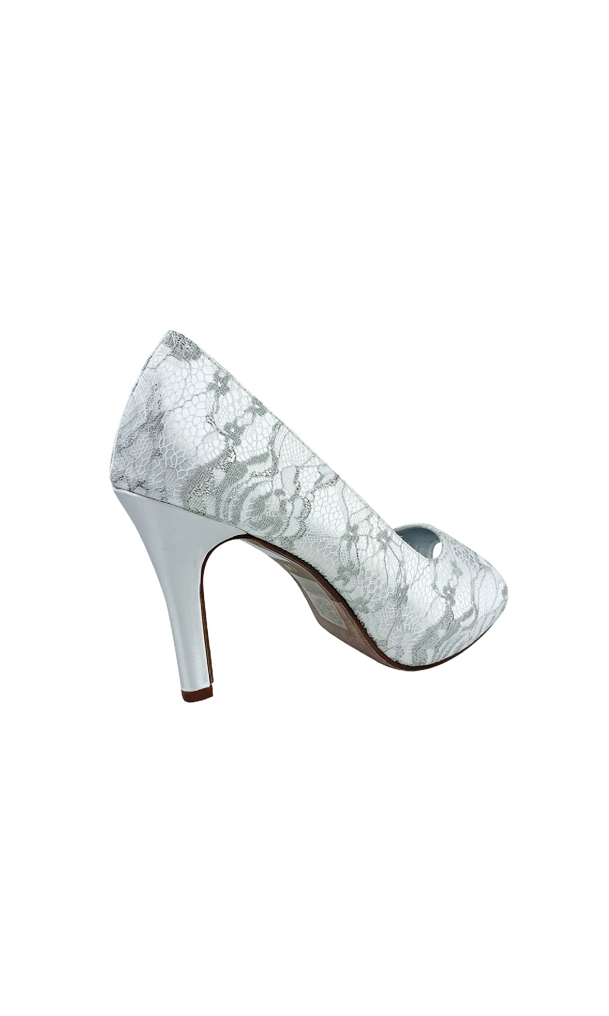 The Winter White Lace and Satin Prom Shoes: Dyeables 32914 feature a single white lace satin heel with a delicate overlay and open-toe design, making them elegant white prom shoes, shown on a plain white background.